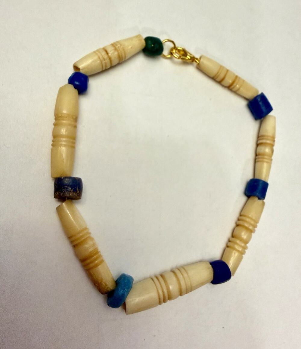 Beige Beaded Anklet w/ Blue & Green Sea glass Beads, Lobster Clasp, 9in